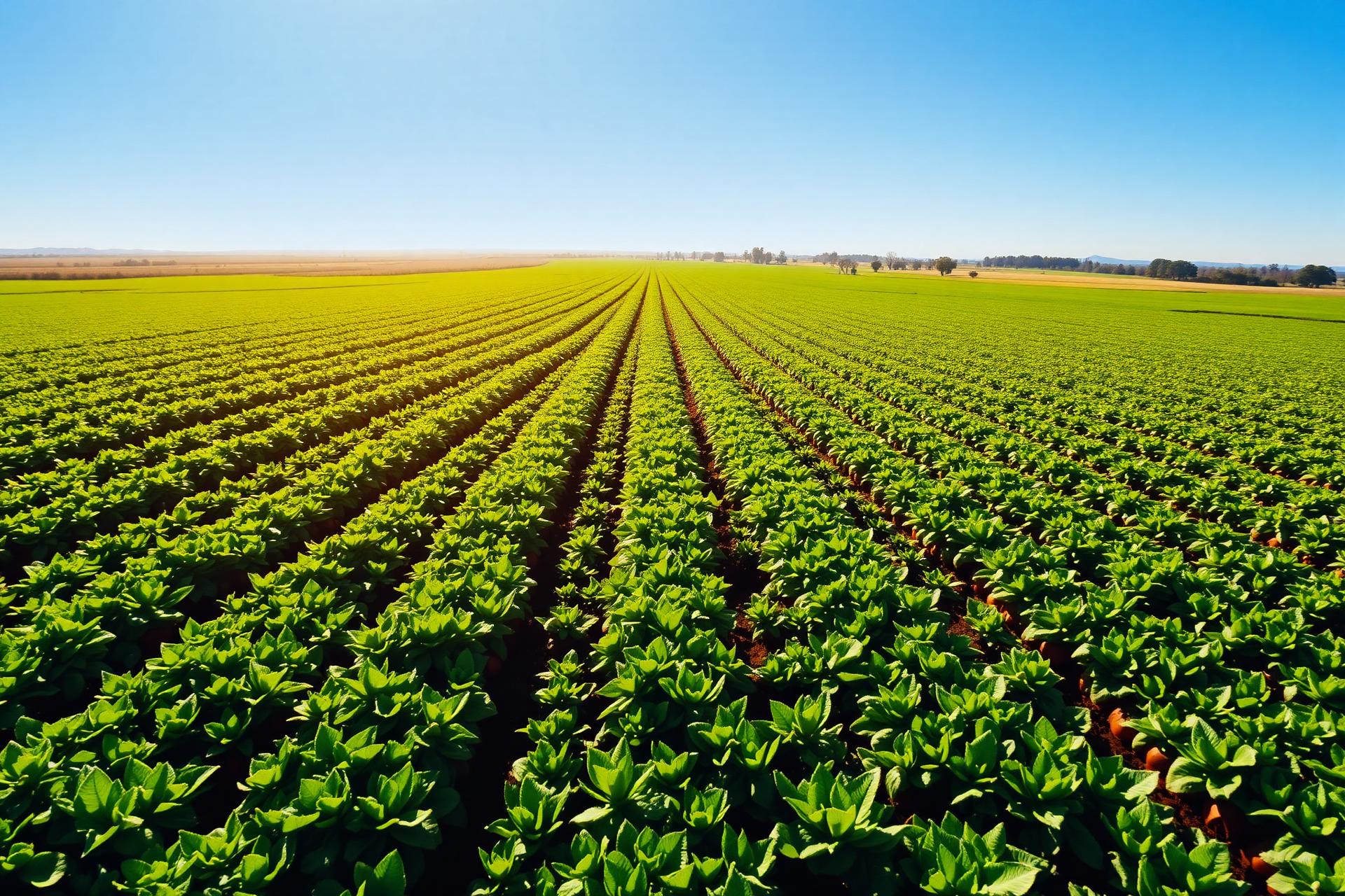 Lush green farmland with rows of crops growing