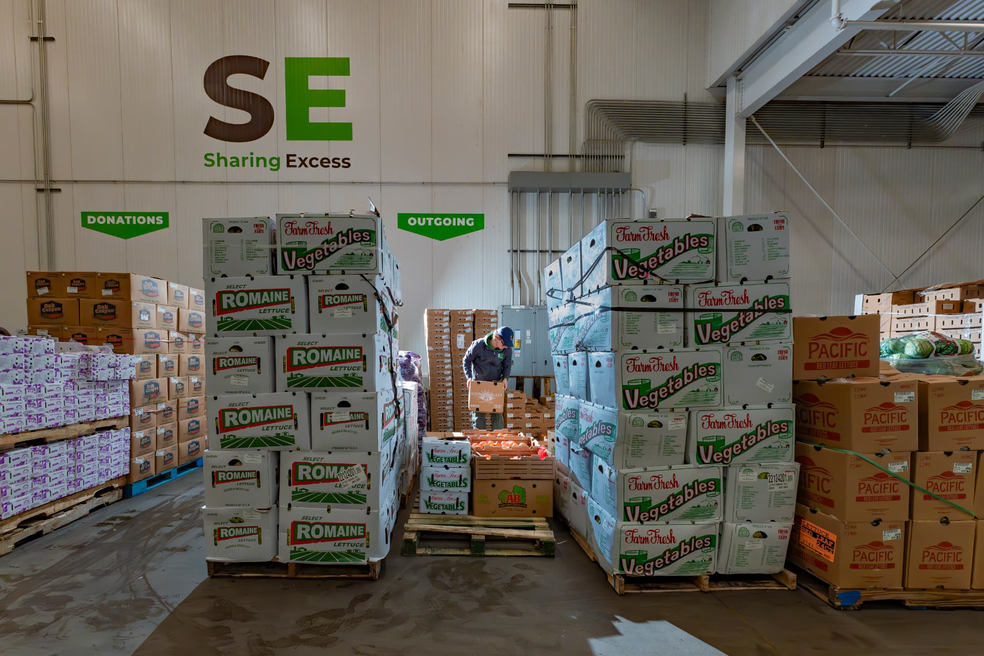 Sharing Excess warehouse with pallets of fresh produce being sorted